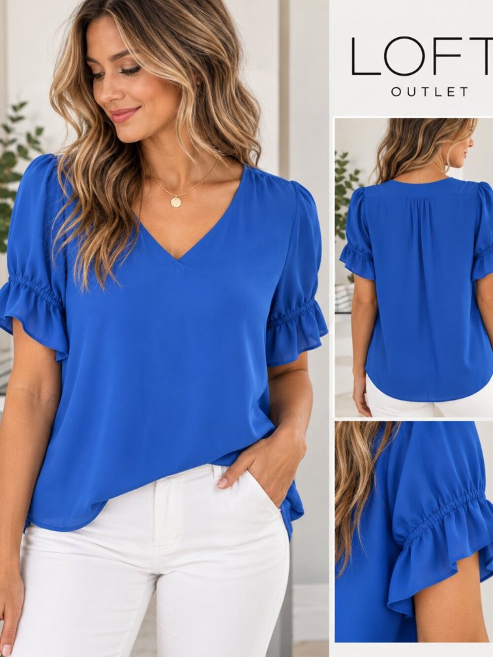 LOFT Outlet Women’s Large Cobalt Blue V-Neck Ruffle Sleeve Blouse
